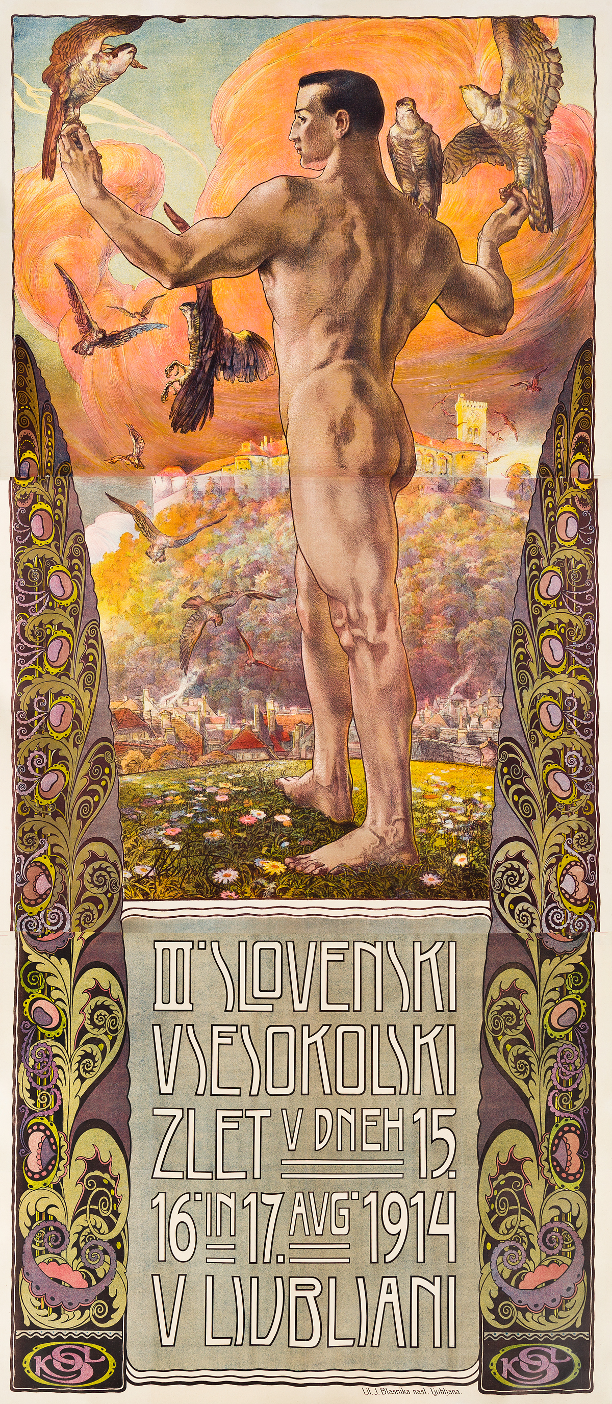 IVAN VAVPOTIC (1877-1943).  III. SLOVENSKI VSESOKOLSKI ZLET / V LJUBLJANI. 1914. 107x47 inches, 273x120 cm. J. Blasnika, Ljubljana.